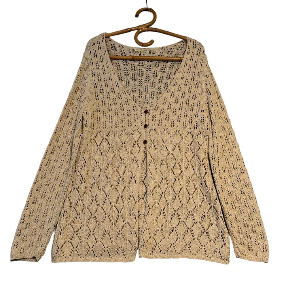 Royal Robbins | Tan Pointelle Knit Button Front Sweater Coastal Boho Size XL